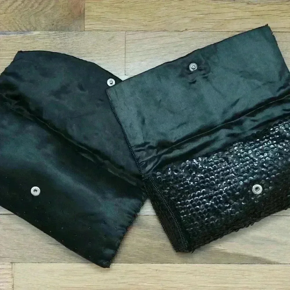 Set of 2 Vintage Black Bead and Sequin Formal Clutches Snap Closure Silky